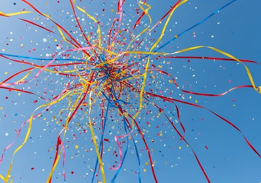 Colorful confetti and streamers exploding in blue sky
