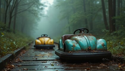 Two abandoned bumper cars, one teal, one yellow, sit on foggy forest path. Overgrown with nature, showing signs of rust, decay, these forgotten vehicles evoke nostalgia, eerie, haunting beauty.