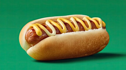 A picture of hot dog with mustard drizzle on a green studio background