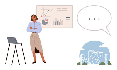 Woman standing near a chair, presenting graphs and charts. Speech bubble beside her, modern mall structure below. Ideal for business analysis, communication, retail, marketing, leadership strategy