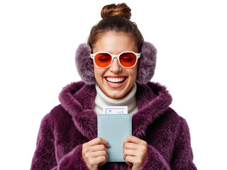 Joyful woman in fur coat and earmuffs displaying travel documents with transparent background