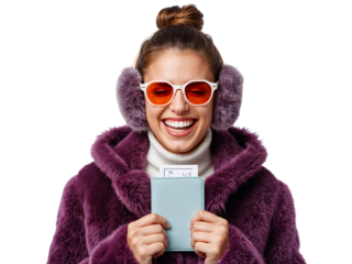 Joyful woman in fur coat and earmuffs displaying travel documents with transparent background