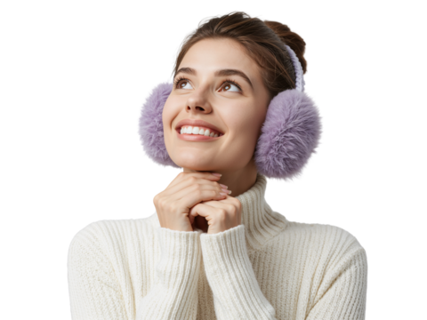 Smiling woman with purple fluffy earmuffs looking up on an isolated transparent setting