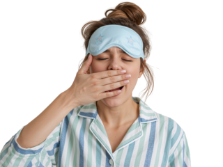 Sleepy woman in pajamas yawning with an eye mask on an isolated transparent space