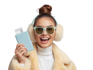 Thrilled woman ready for winter travel holding passport and boarding pass with transparent