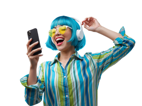 Enthusiastic woman with blue hair, heart shaped glasses, and headphones enjoying music on isolated