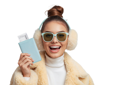 Thrilled woman ready for winter travel holding passport and boarding pass with transparent