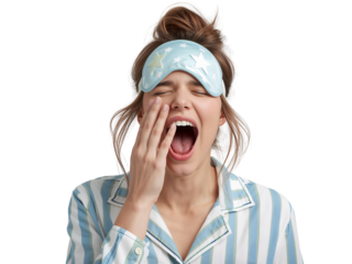 Sleepy woman yawning widely with sleep mask on transparent isolated background