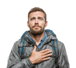 Hiking adventure man reflecting outdoors nature portrait isolated on transparent background