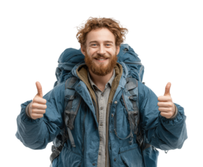 Adventurous backpacker smiling portrait isolated on transparent background