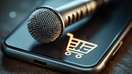 Voice checkout confirmation smartphone microphone shopping cart icon technology digital purchase modern convenience closeup