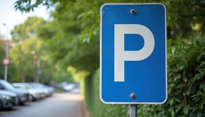 Blue parking sign with white letter P. Urban setting with blurred cars, green trees in background. Signage indicates parking availability, traffic regulation. Metal pole support. City street element.