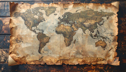 An aged, vintage world map illustration showing continents and oceans, displayed on a dark, textured wooden surface.