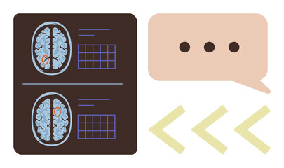 Brain activity scan paired with a speech bubble and arrows suggesting data, communication, and neuroscience themes. Ideal for medicine, AI, neuroscience, analysis, communication, cognition digital
