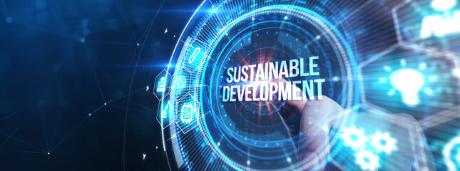 Obraz premium SUSTAINABLE DEVELOPMENT inscription, cloud technology concept. Business, Technology, Internet and network concept.