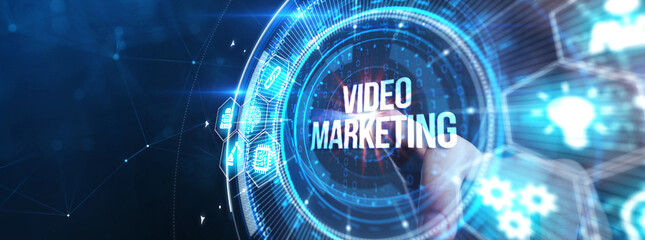 Obraz premium Video marketing and advertising concept on screen. Business, Technology, Internet and network concept.
