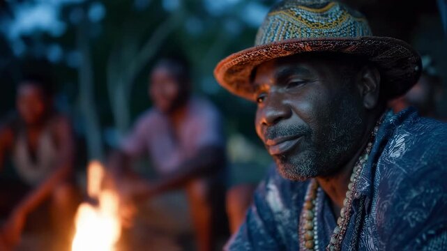 Indigenous ranger in traditional attire explains fire management techniques medium shot focused on focused face and gestures while campfire and attentive listeners remain softly