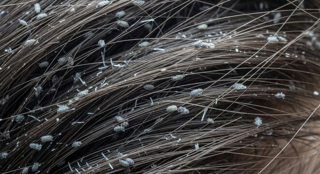 Extreme close-up of head lice and nits on dark hair