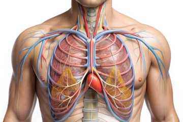Detailed anatomical view of the human chest cavity and cardiovascular system transparent background
