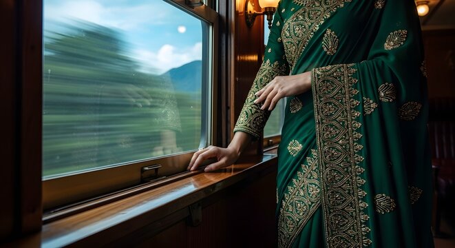 Elegant woman in traditional green sari on luxury train Indian journey window travel gold embroidery Saree indian 