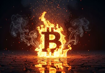 Bitcoin symbol on fire with smoke and cracked ground