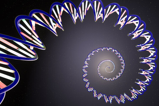 Futuristic spiral DNA double helix twisting into infinity on a dark cosmic background. Concept of genetics, molecular biology, biotechnology, evolution, scientific research, 3D illustration.