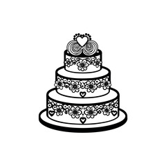 Elegant three tiered wedding cake with floral decorations in black and white silhouette vector