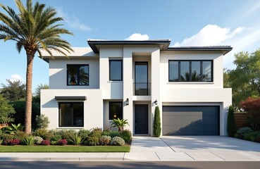 Modern two-story home features white stucco exterior, dark gray windows, doors. Large garage door faces street, complemented by green lawn, vibrant flower beds. Tall palm tree adds tropical flair to