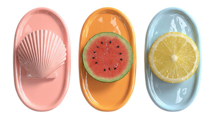 Colorful Plates with Shell, Watermelon, and Lemon Isolated on White
