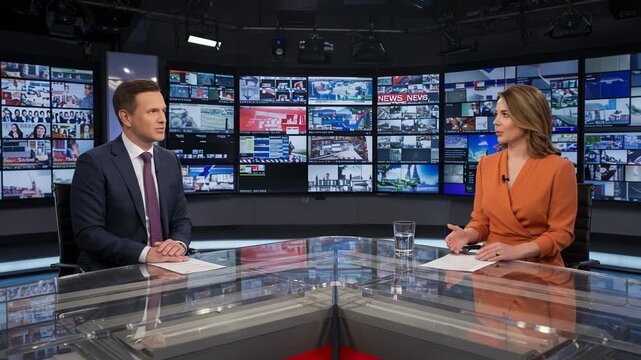 A male and female news anchor team in a television studio, with a wall of screens behind them showing various images and graphics