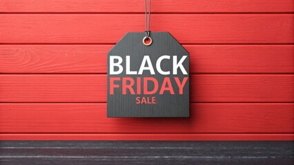 Black friday sale tag hanging on bright red textured wall announcing discount offers