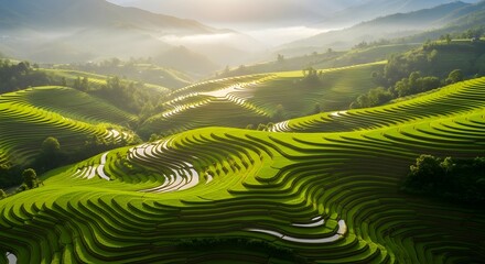 Fototapeta premium Realistic aerial photo of green terraced rice fields in the mountains, irrigation channels form natural geometric patterns, morning light adds to the calm and peaceful atmosphere.
