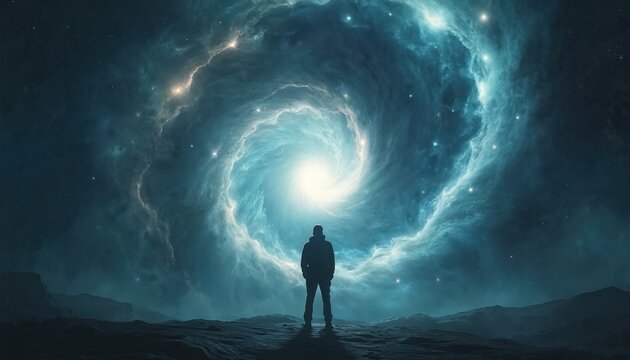 Silhouette of person standing on rocky terrain gazes into bright, swirling cosmic vortex. Expansive galaxy, nebula, stars create ethereal, mysterious, unknown dimension. Exploration, contemplation,