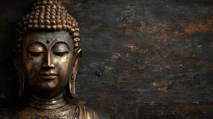 Mindfulness in Business a serene bronze Buddha head promoting mental wellness and focus in corporate workplace settings