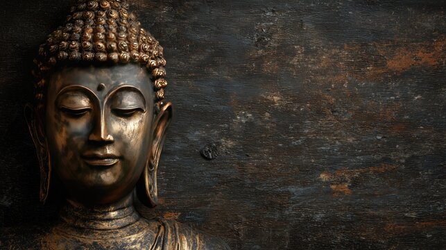 Mindfulness in Business a serene bronze Buddha head promoting mental wellness and focus in corporate workplace settings