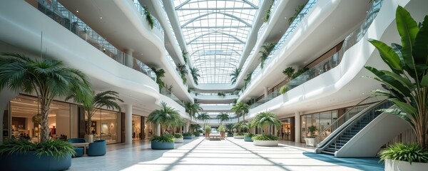 Modern shopping mall interior with glass ceiling, white floor, gray walls. Features curved staircase, greenery. Natural light fills spacious atrium, creating bright, airy atmosphere for shoppers.