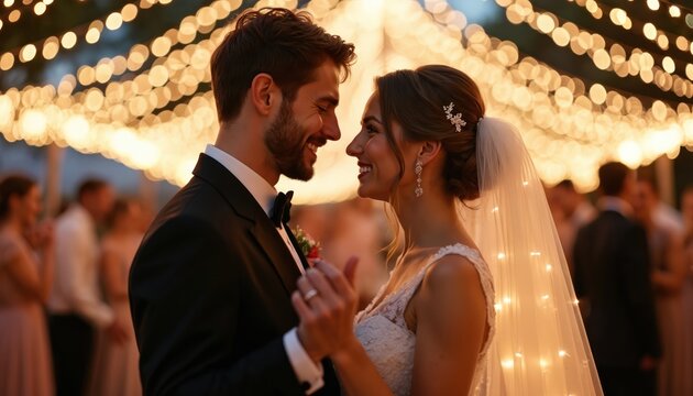 Newlywed couple dances happily under twinkling string lights outdoors at wedding reception. Bride in white dress smiles at groom in tuxedo, celebrating marriage, romance. Romantic summer evening,