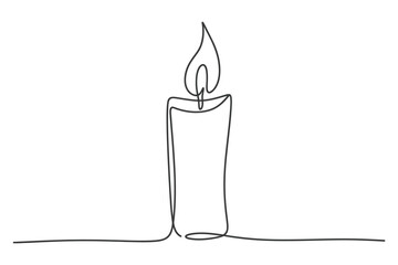 Minimalist single line drawing of a lit candle with a flickering flame on a white background