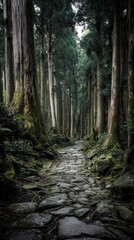 Fototapeta premium A stone path winds through a dense forest.