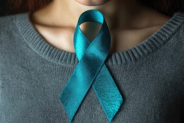 Teal awareness ribbon worn on gray sweater to symbolize ovarian cancer awareness and support efforts in promoting health education
