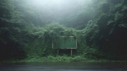 Empty green sign enveloped by overgrown foliage in a misty forest.