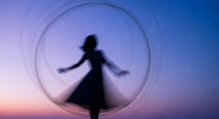 Ethereal woman silhouette spinning light trails in beautiful gradient sky Freedom Movement Dreamy Abstract Graceful Mystic Blue Saree indian 