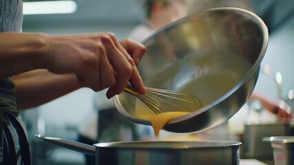 High Angle Close Up Captures Chef Transferring Sauce with a Whisk From Stainless Steel Bowl to a Cooking Pot Bright Kitchen Professional Culinary Atmosphere Enhanced by Glistening Stainless Steel