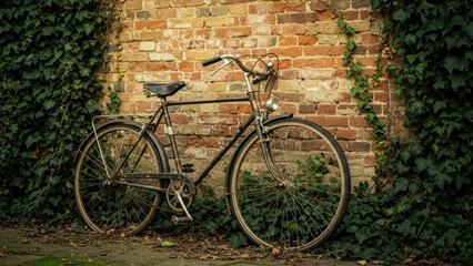 An old-fashioned bicycle stands against a brick wall framed by ivy.
