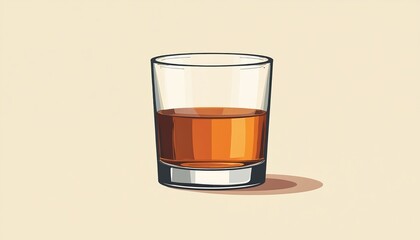 Half-filled tumbler glass of amber liquid, suggestive of fine whiskey spirit. Clean, minimal illustration features amber colored drink in clear glass with brown liquid, perfect for bar beverage