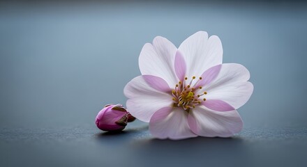 Delicate pink cherry blossom flower and bud isolated on a softly blurred gray background