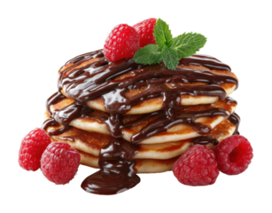 Chocolate pancakes with raspberries a delicious kitchen dessert isolated on transparent background