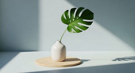 Monstera leaf in a modern ceramic vase with natural light and shadows creating ambiance
