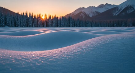 Serene winter landscape at sunset with snow covered ground and distant mountains and pine trees