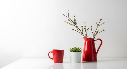 Cozy home decor scene with red mug potted plant and red pitcher with branches